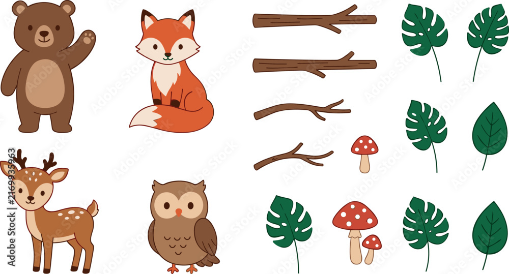 Fototapeta premium Cute woodland animal vector collection featuring cartoon forest elements like bear, fox, deer, owl, wooden branches, red mushrooms, and monstera leaves