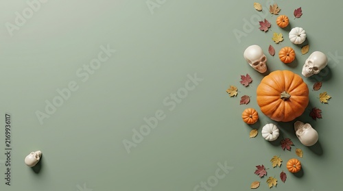 Flat lay composition of pumpkins and skulls on a green background for a festive halloween celebration concept