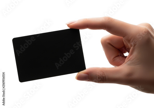 Hand holding a small black rectangular card isolated on transparent background