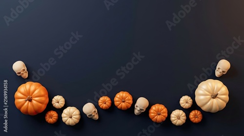 A festive halloween background featuring a collection of small pumpkins and skulls arranged on a dark black surface