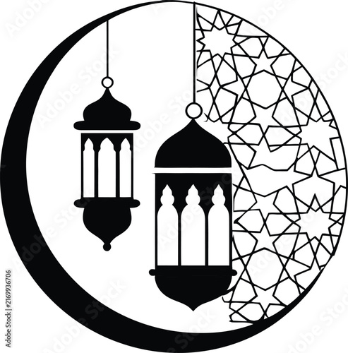 Islamic crescent moon lantern silhouette illustration, Ramadan Eid decorative geometric pattern cultural art vector design black