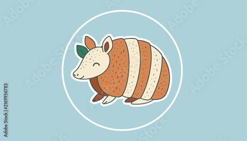 Cute little cartoon armadillo illustration with brown and cream stripes inside a white circle frame on a blue background.