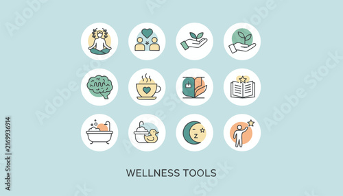 Mental health and wellness tools icon set featuring colorful flat vectors for self care, mindfulness, and relaxation.