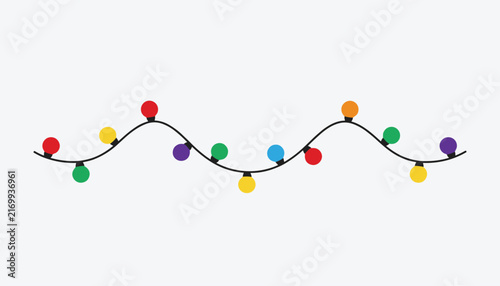 Colorful christmas light bulb string on a thin wavy wire isolated over white background for festive designs.