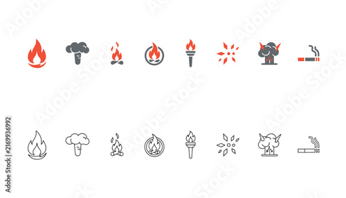 Fire and combustion icon collection showcasing colorful and outline designs of flames, torches, campfires, and explosions.