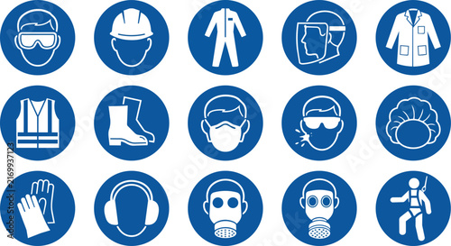 Essential workplace safety equipment sign icons set displayed as a clean professional vector on transparent background