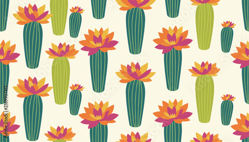 Colorful seamless pattern featuring tall green cacti with vibrant blooming orange and pink flowers on off white background.