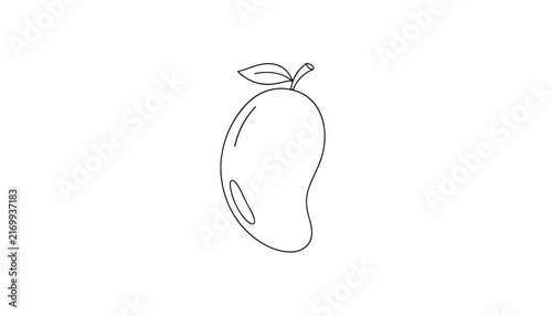 Minimal black outline sketch of a fresh mango fruit with a leaf on white background for coloring book or logo design.