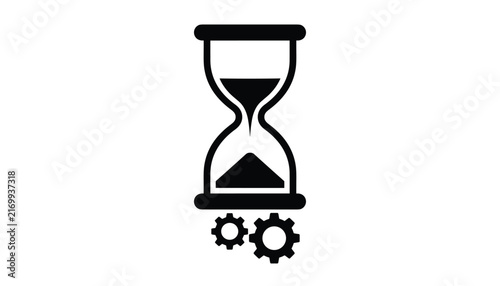 Hourglass icon representing time management with gear wheels underneath, isolated on a white background.