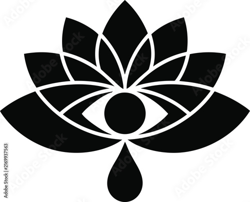 Lotus eye teardrop symbolic silhouette illustration, spiritual awareness purity emotion enlightenment vector art design black