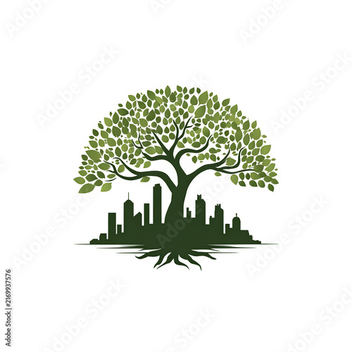 Green eco city tree logo, sustainable urban development icon, environmental nature skyline symbol 