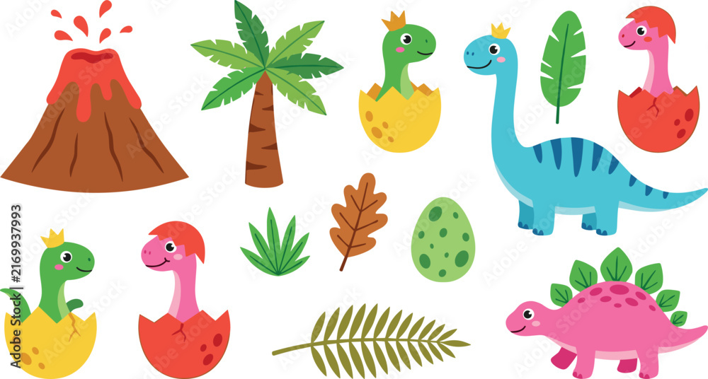 Fototapeta premium Cute dinosaur cartoon vector collection featuring baby dinos in eggs, volcanic eruption, palm tree, and tropical prehistoric jungle foliage