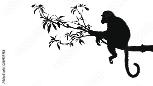 Monkey silhouette perched gracefully on a leafy tree branch, rendered in stark black against a pristine white background, creating a captivating and minimalist illustration of wildlife in its natural.