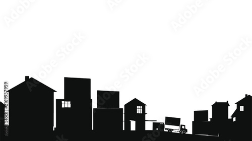 Cityscape silhouette depicting a stylized urban environment with various houses, stacked boxes, and a moving truck, all rendered in stark black against a clean white background, creating a minimalist.