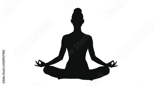 Person in a serene black silhouette practices yoga in the lotus position against a clean white background, symbolizing tranquility, mindfulness, and spiritual well-being, offering ample copy space.