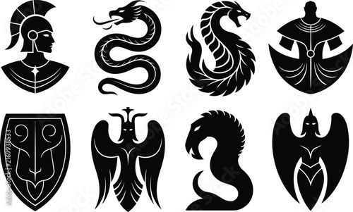 Mythology fantasy emblem silhouette icon set illustration, warrior serpent dragon griffin shield winged creature