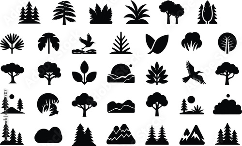 Nature silhouette icon set illustration, tree plant leaf mountain bird landscape sun moon vector design black