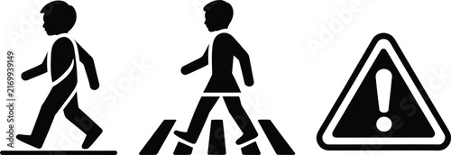 Pedestrian safety silhouette icon set illustration, walking crosswalk caution warning traffic road sign vector art design