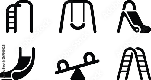 Playground equipment silhouette icon set illustration, slide swing seesaw ladder structure children outdoor play vector