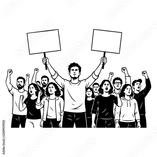 Group of diverse people protesting with blank signs and raised fists in black and white.