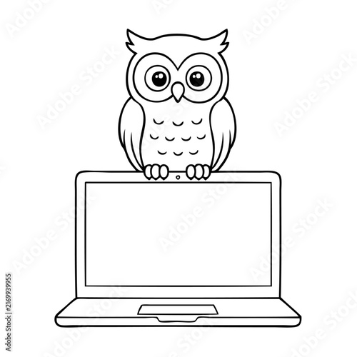 Cute owl sitting on a laptop computer, black and white line art vector illustration.
