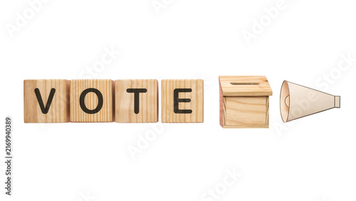 Vote word wooden blocks ballot box, megaphone, election campaign concept, democracy voting, political expression, isolated on white background