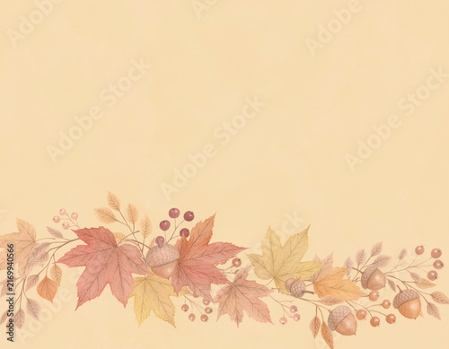 色鉛筆で描いた紅葉とどんぐりの秋背景