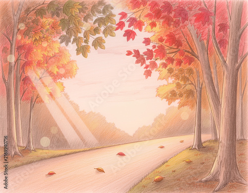 色鉛筆で描いた紅葉の森と小道の秋風景