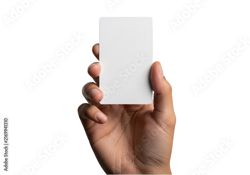 Person hand holding a blank white business card isolated on transparent background