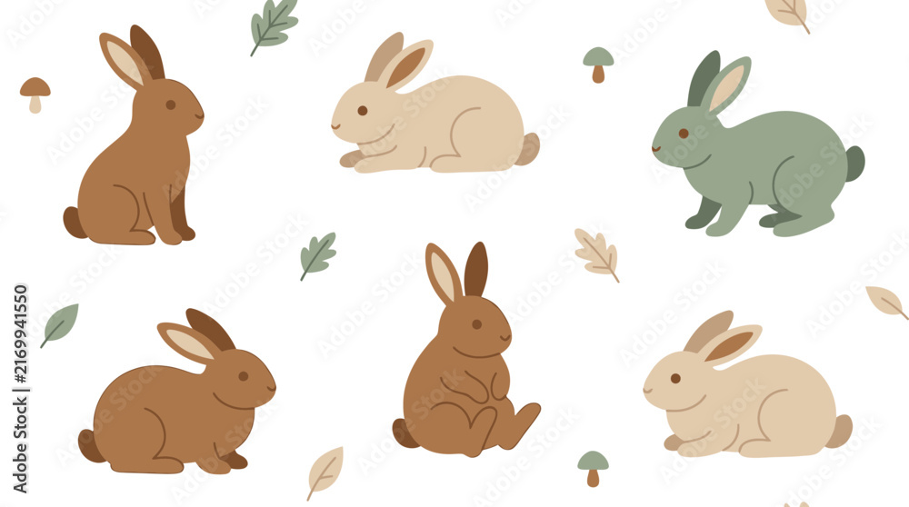 Naklejka premium Seamless pattern with cute cartoon rabbits and forest elements in flat vector style