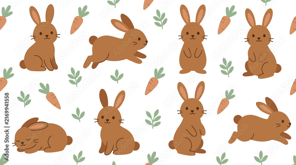 Naklejka premium Seamless pattern with cute brown bunnies and carrots in flat vector illustration style