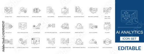 AI Analytics icon set. Featuring Machine Learning Big Data Predictive, Neural Network, Algorithm, Mining, Outline Vector Icon Set.