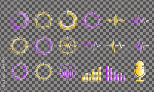 Abstract sound wave icons in purple and gold. Audio equalizer bars and microphone set. Music frequency visualizer elements for podcasting.