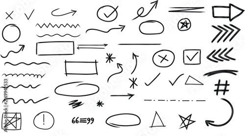 Minimalist scribble marker icons including star cross tick box symbols
