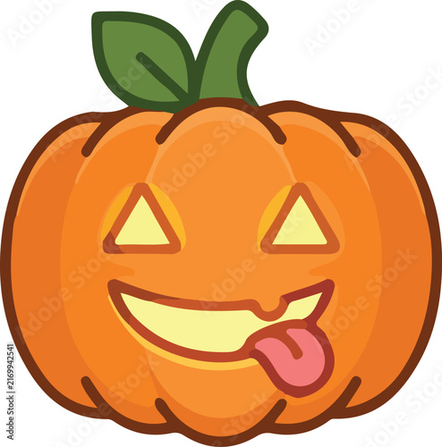 Cute funny cartoon Halloween carved pumpkin sticking out tongue on a white background