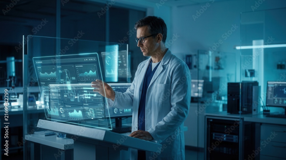 Fototapeta premium Scientist Interacting With Futuristic Holographic Display In Advanced Laboratory
