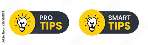 Set of pro tips and smart tips vector badges with glowing light bulb icon, representing advice, ideas, and solutions