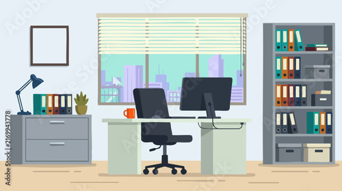 Modern office workspace with computer, chair, desk, and city view