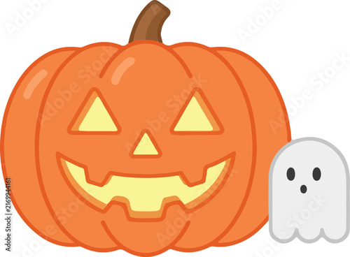 Cute Halloween Jack-o'-lantern pumpkin with a little friendly ghost isolated on white background.