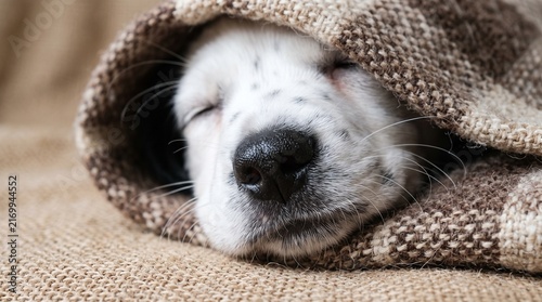 Sweet puppy peacefully sleeping, with its little nose gently peeking from a soft, warm blanket
