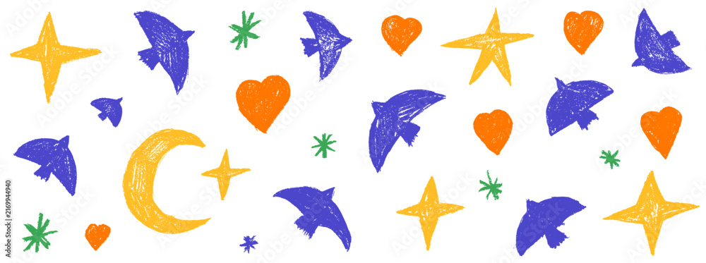 Obraz premium Bird and pastel silhouette set with blue dove and orange heart icons. Crayon bird in pastel brush and sketch for kids poster and print. Vector hand drawn doodle with pencil illustration in naive art