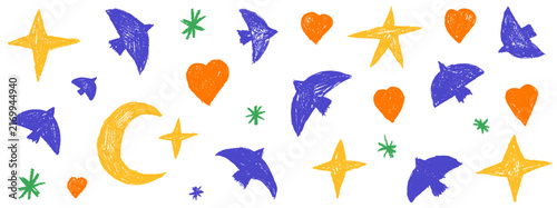 Bird and pastel silhouette set with blue dove and orange heart icons. Crayon bird in pastel brush and sketch for kids poster and print. Vector hand drawn doodle with pencil illustration in naive art