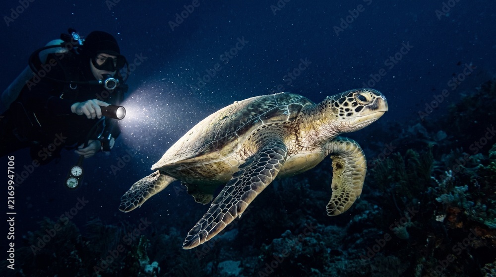 Obraz premium Scuba Diver Photographing Sea Turtle at Night with Flashlight Beam