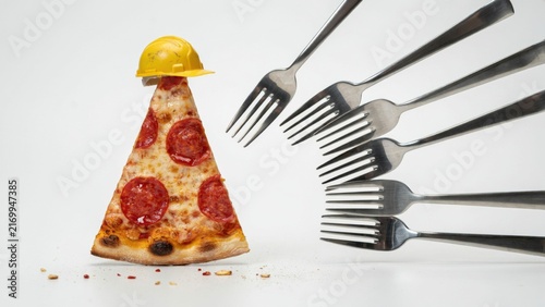 Business Concept Pizza with Hard Hat Fork Cranes.