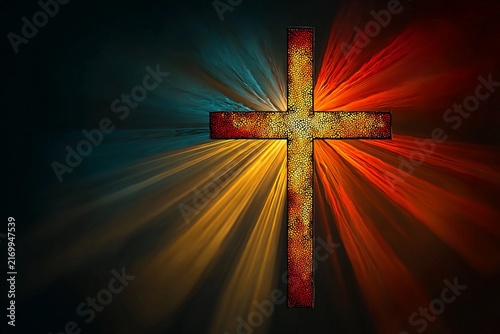 Radiant Cross Illuminated by Colorful Beams of Light in a Spiritual Setting Generative AI