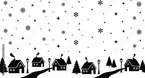 Winter village landscape silhouette with cozy houses paths pine trees and detailed falling snowflakes holiday vector illustration