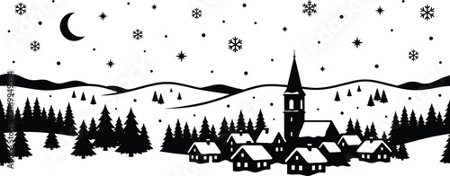 Winter village landscape silhouette with a church cozy houses hills crescent moon and falling snowflakes vector illustration