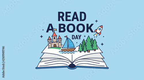 Magical open storybook with pop-up fantasy castle rocket ship and forest in dreamy blue twilight colors with flat vector art for Read a Book Day campaign