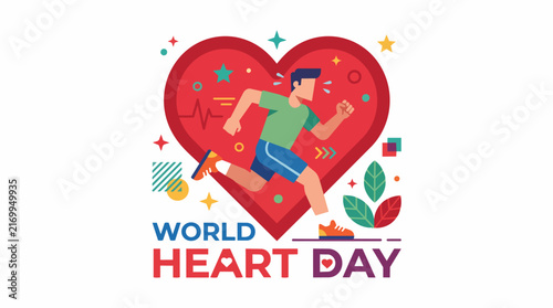 Man jogging along scenic outdoor path inside heart silhouette in vibrant colorful tones with flat vector artwork for World Heart Day fitness awareness flyer