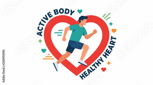 Male athlete jogging inside bold red heart frame in clean modern teal and red colors with minimalist vector artwork for World Heart Day promotion